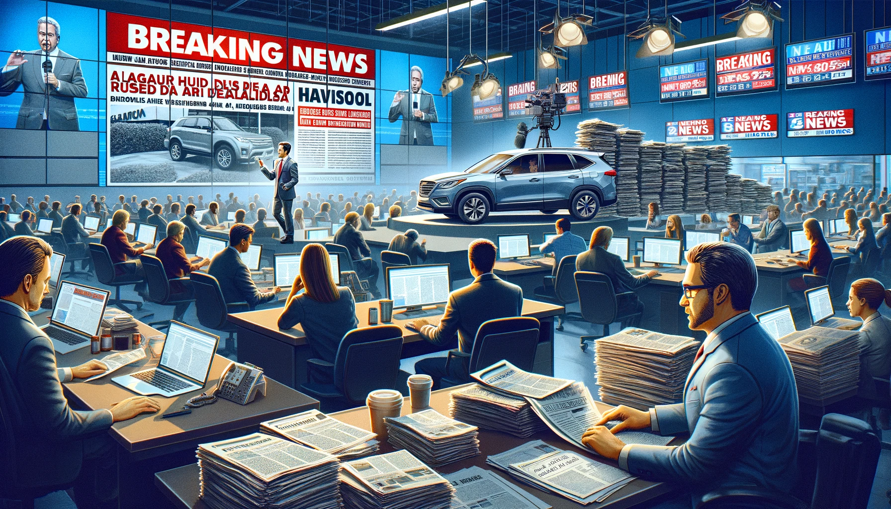 An image illustrating the moment a major scandal involving a large used car dealership is exposed. The scene shows a bustling newsroom with journalists and reporters working fervently. Multiple screens display breaking news about the dealership's fraudulent practices. In the foreground, a reporter is seen broadcasting live, holding documents that reveal the misconduct. The background is filled with busy journalists discussing and typing rapidly, with newspapers and coffee cups scattered around. The overall mood is hectic yet determined, underlined by the urgency of exposing the truth.
