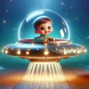 A whimsical scene featuring a small child riding in a UFO. The UFO is sleek and futuristic, with glowing lights and a transparent dome top where the child can be seen. The child appears joyful and curious, peering out with wide eyes. The background depicts a starry night sky, enhancing the feel of a magical, space-themed adventure. The child has a playful outfit, perhaps with elements like a spacesuit or a brightly colored jacket, and the overall atmosphere is one of wonder and excitement.
