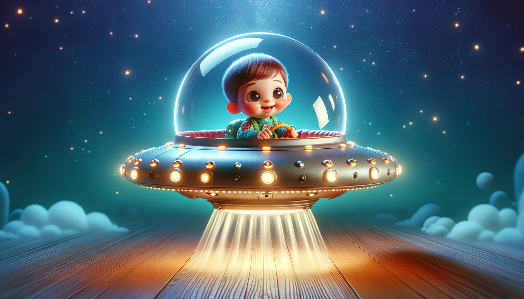 A whimsical scene featuring a small child riding in a UFO. The UFO is sleek and futuristic, with glowing lights and a transparent dome top where the child can be seen. The child appears joyful and curious, peering out with wide eyes. The background depicts a starry night sky, enhancing the feel of a magical, space-themed adventure. The child has a playful outfit, perhaps with elements like a spacesuit or a brightly colored jacket, and the overall atmosphere is one of wonder and excitement.