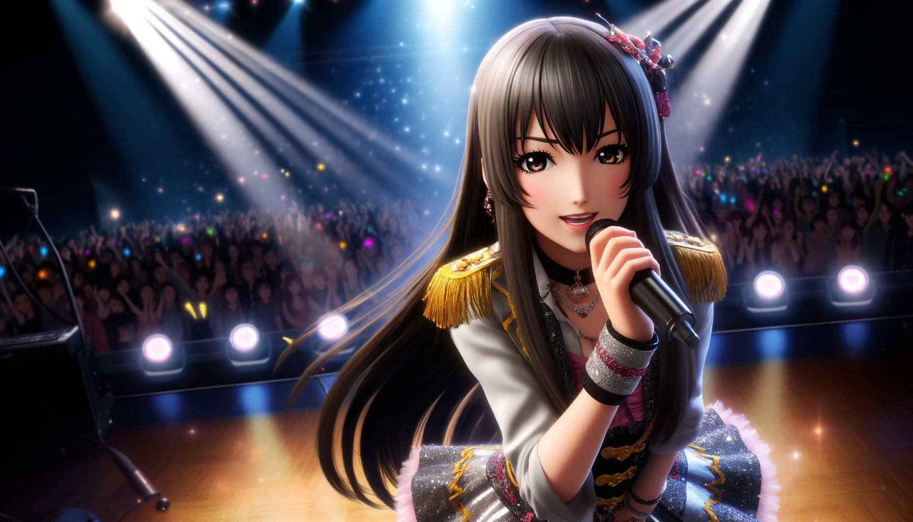 A vibrant stage scene featuring a young Japanese woman resembling a popular idol from a musical group, singing as the center performer. She has long, straight black hair, a fair complexion, and wears a dazzling stage costume, embodying the glamorous style of a pop star. The stage is lit with dramatic lighting, with flashes of colorful spotlights and a cheering crowd in the background. The atmosphere is energetic, with a focus on the idol's dynamic performance, showcasing her charisma and vocal talent. The setting emphasizes the excitement of a live concert.