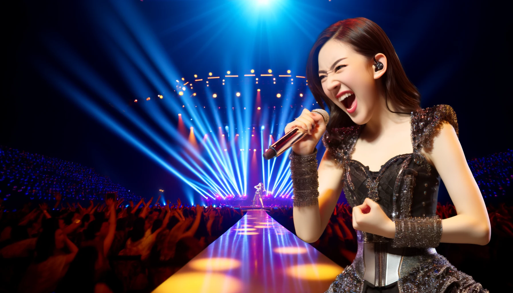 A dynamic concert scene featuring a young Asian female idol singing powerfully at the center of the stage. She has an expressive face, showcasing her outstanding vocal talent. She wears a striking, glamorous outfit that sparkles under the stage lights. The background is filled with an excited audience and a beautifully lit stage with vibrant lights and visual effects, creating an immersive live performance atmosphere. The image captures the energy and charisma of the idol, highlighting her as the star of the show.
