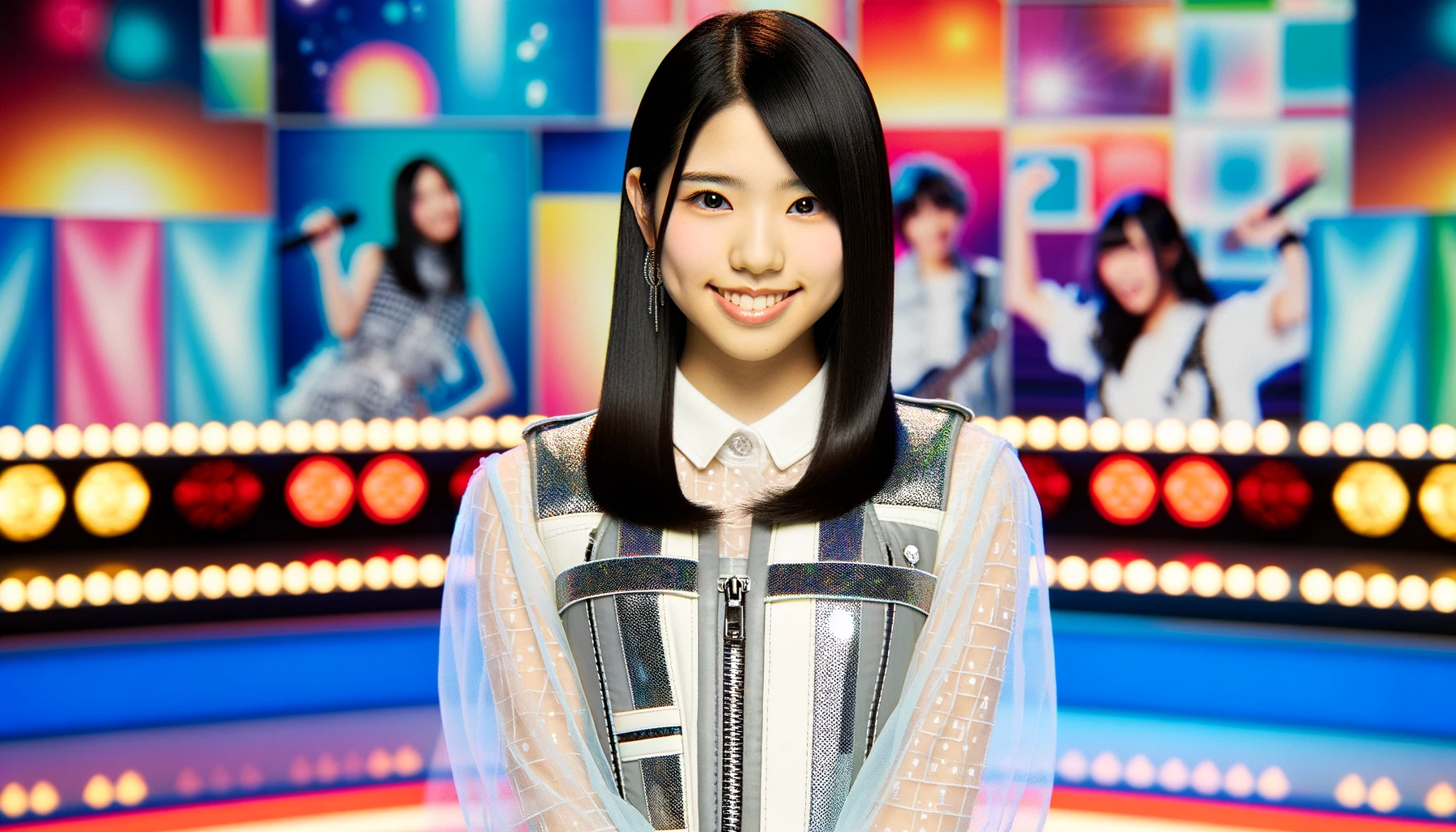 A young Japanese woman resembling a popular idol from a musical group, standing confidently with a radiant smile. She has long, straight black hair, a fair complexion, and is dressed in a trendy, stylish outfit suitable for a young pop star. The background is vibrant and colorful, suggesting a lively pop music atmosphere. The setting includes subtle hints of musical elements like microphones and stage lights, adding to the entertainment theme. The image should have a bright and energetic vibe, capturing the essence of a popular idol's charismatic presence.
