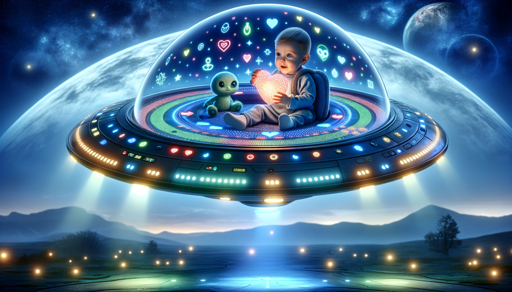 A captivating scene where a small child rides inside a UFO, learning about love. The child, with a look of wonder and curiosity, holds a glowing heart-shaped object that symbolizes love. The UFO's interior is futuristic, with interactive screens and colorful lights that display symbols and words related to love, like hearts and peaceful scenes. The background outside the UFO shows a serene space environment with stars and distant planets. This scene merges themes of adventure, innocence, and the universal concept of love.