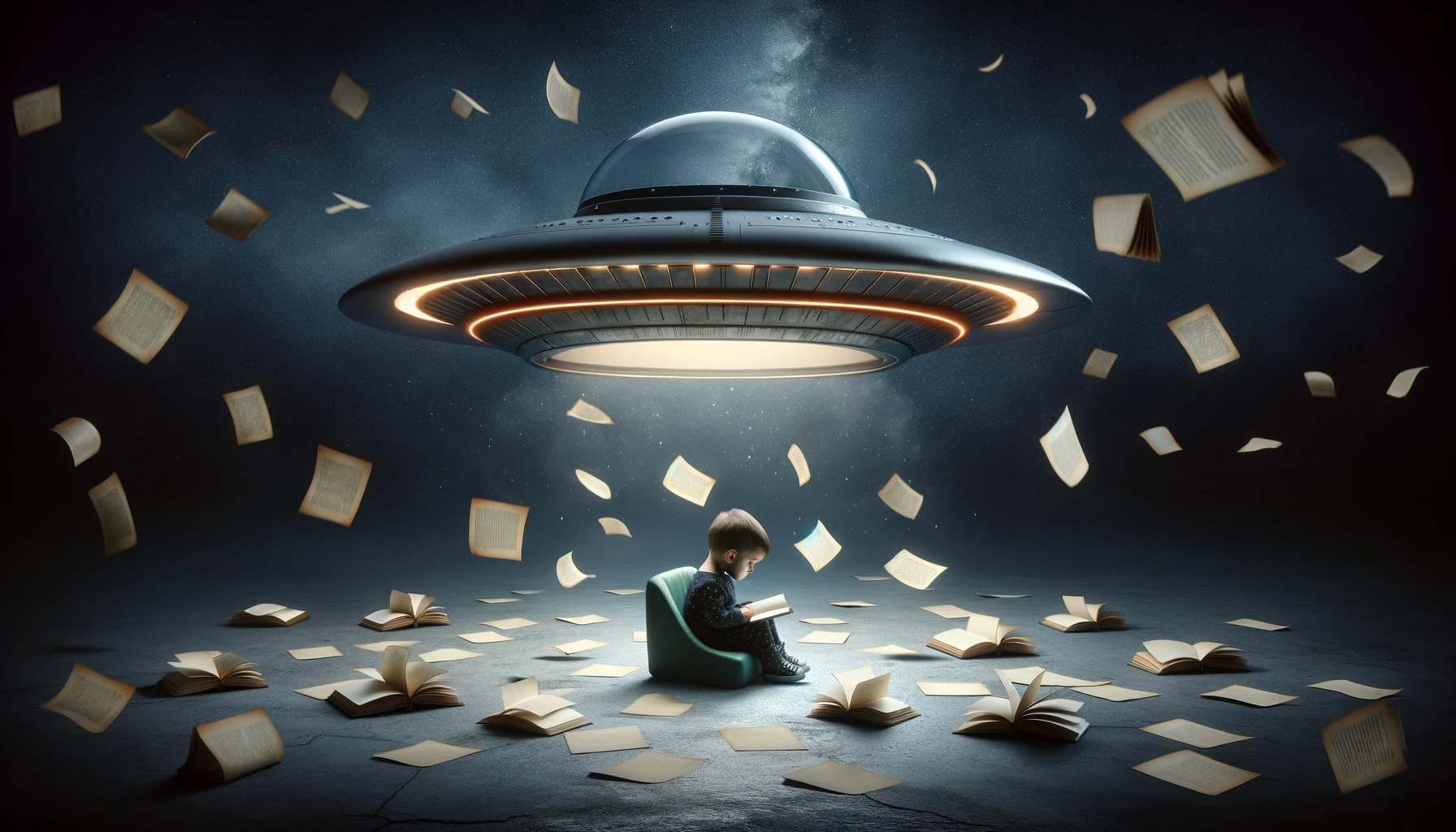 A thought-provoking scene depicting a small child inside a UFO, symbolizing a novel's main character, with the theme of the novel being discontinued. The child looks contemplative, surrounded by scattered, faded pages of a book, signifying the novel's end of publication. The interior of the UFO is dimly lit and slightly melancholic, reflecting the theme of discontinuation. In the background, a large, closed book floats, symbolizing the closure of the story. The outer space setting adds a sense of isolation and finality to the image.