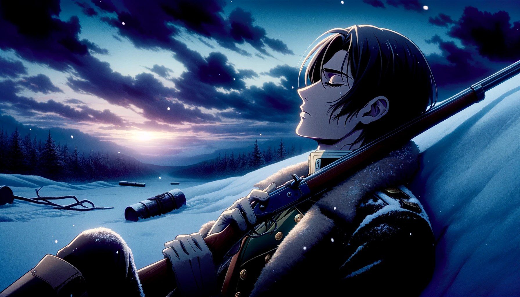 A dramatic anime-style image of a male character inspired by Hyakunosuke Ogata from 'Golden Kamuy', depicting his final moments. The scene is set in a snowy, desolate landscape at twilight, with the character lying on the ground, clutching a rifle. His expression is serene yet poignant, capturing a sense of finality and resolution. The sky is a mix of dark blues and purples, enhancing the somber mood of the scene.