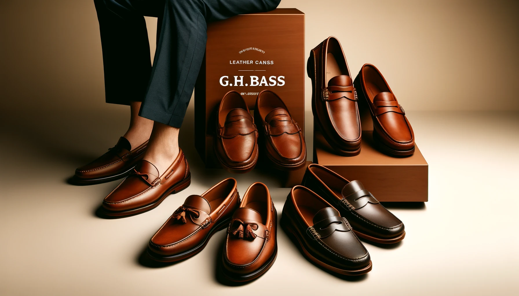An elegant display of G.H.BASS leather loafers showcasing their size variations. The image features multiple pairs of classic leather loafers in different sizes, arranged in a visually appealing manner. The background is simple and stylish, emphasizing the quality and craftsmanship of the shoes. Include the text 'G.H.BASS' prominently in the image.
