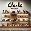 A stylish showcase of Clarks Wallabees men's and women's line-up, displaying a variety of footwear options arranged on a modern, minimalistic display rack against a simple, elegant background. Include both casual and formal styles to reflect versatility. The text 'Clarks' is subtly integrated into the background. The image should be horizontal, captured in a well-lit retail environment to enhance the textures and colors of the shoes, with an aspect ratio of 16:9.