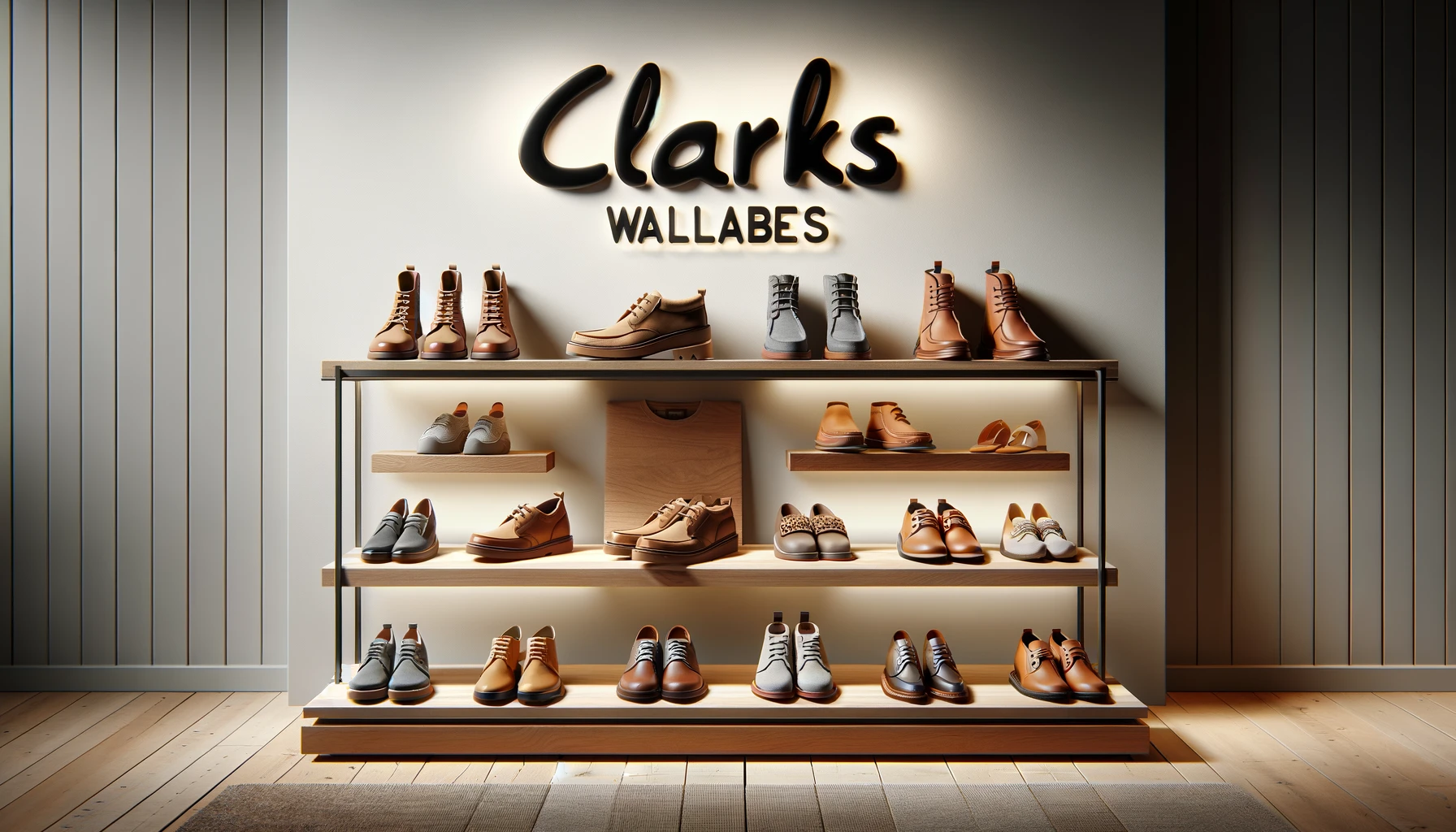 A stylish showcase of Clarks Wallabees men's and women's line-up, displaying a variety of footwear options arranged on a modern, minimalistic display rack against a simple, elegant background. Include both casual and formal styles to reflect versatility. The text 'Clarks' is subtly integrated into the background. The image should be horizontal, captured in a well-lit retail environment to enhance the textures and colors of the shoes, with an aspect ratio of 16:9.