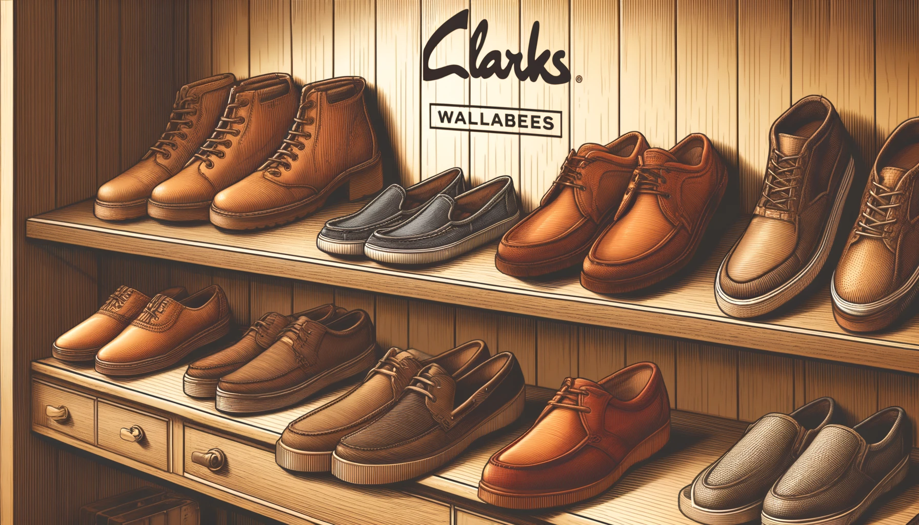 A detailed illustration of various models of Clarks Wallabees shoes, featuring different styles and colors neatly displayed on a wooden shelf in a boutique store. The image should have a sophisticated and modern look with the text 'Clarks' elegantly displayed in the corner. The setting is warmly lit to highlight the texture and quality of the shoes. The image composition should be horizontal with an aspect ratio of 16:9.