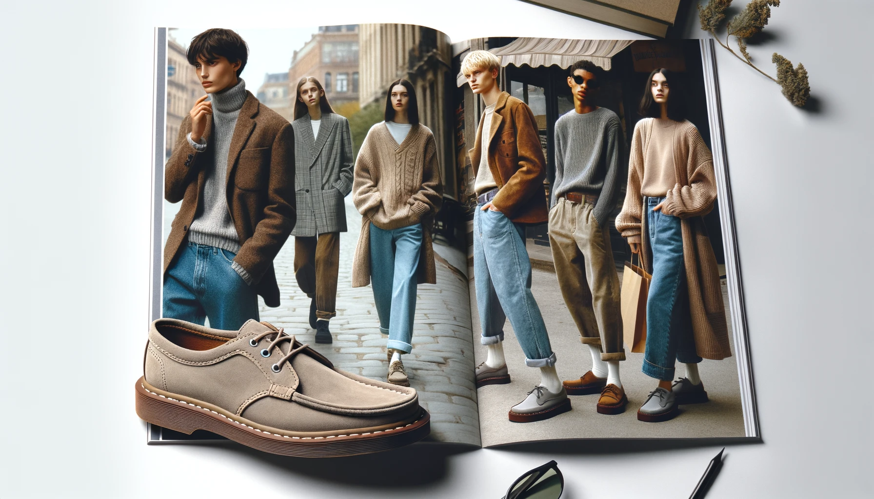 An inspirational fashion lookbook page featuring recommended outfits with Clarks Wallabees. Show models of different genders wearing stylish and trendy outfits paired with Clarks Wallabees, in a variety of settings like a city street, a cozy cafe, and a park. The image should capture a fashionable, youthful vibe, with 'Clarks' subtly displayed in a corner. The image should be horizontal with an aspect ratio of 16:9, focusing on the versatility and style of the shoes in everyday life.