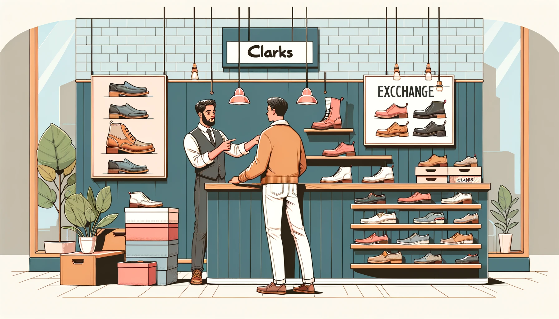 A practical guide to shoe size exchange for Clarks Wallabees. The image should depict a customer service counter in a stylish shoe store, with a variety of Clarks Wallabees on display. A helpful salesperson is assisting a customer, pointing to a size chart and explaining the exchange process. The setting should look inviting and professional, with the text 'Clarks' visible in the scene. The image should be horizontal with an aspect ratio of 16:9, emphasizing the customer-friendly atmosphere.