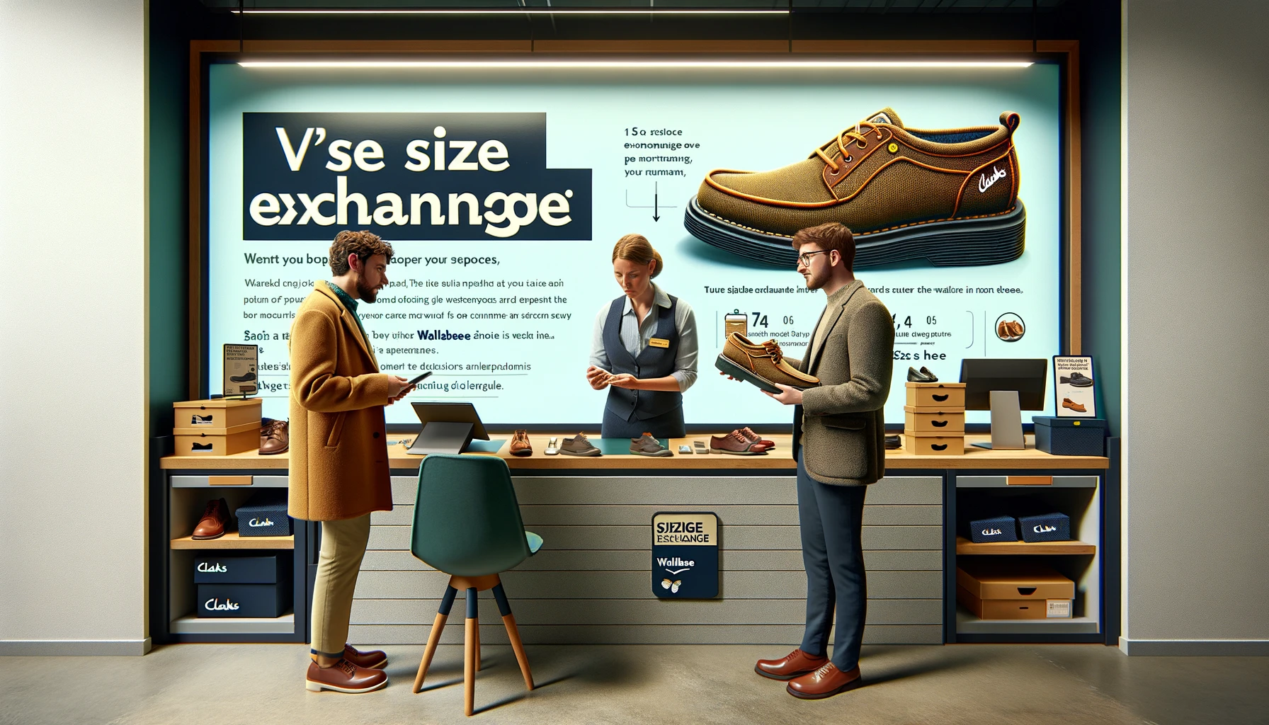 An informative image focusing on the size exchange process for Clarks Wallabee shoes. The setting is a customer service area inside a Clarks store, with a customer and a staff member discussing over a counter. The customer holds a pair of Wallabee shoes, and there's a sign explaining the size exchange policy next to them. The environment is professional and well-organized, with Clarks branding visible. This image illustrates the supportive customer service experience at Clarks, emphasizing convenience and customer satisfaction.