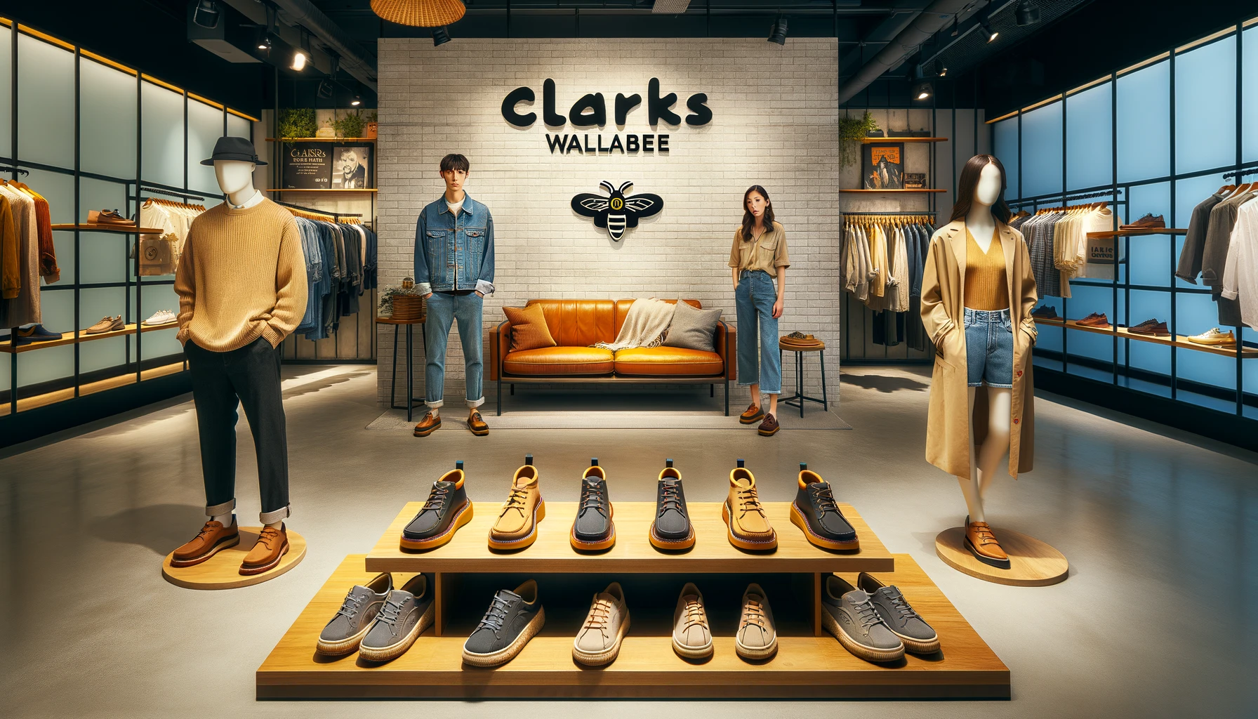 An image showcasing the men's and women's lineup of Clarks Wallabee shoes. The setting is a trendy urban clothing store with both men's and women's Wallabee shoes displayed on opposite sides. The men's shoes are styled with casual outfits, while the women's shoes are paired with more elegant attire. The background features minimalist decor, focusing on the shoes and the outfits. The Clarks logo is prominently displayed above the display, symbolizing brand identity. The image conveys a versatile appeal of the Wallabee collection for both genders.