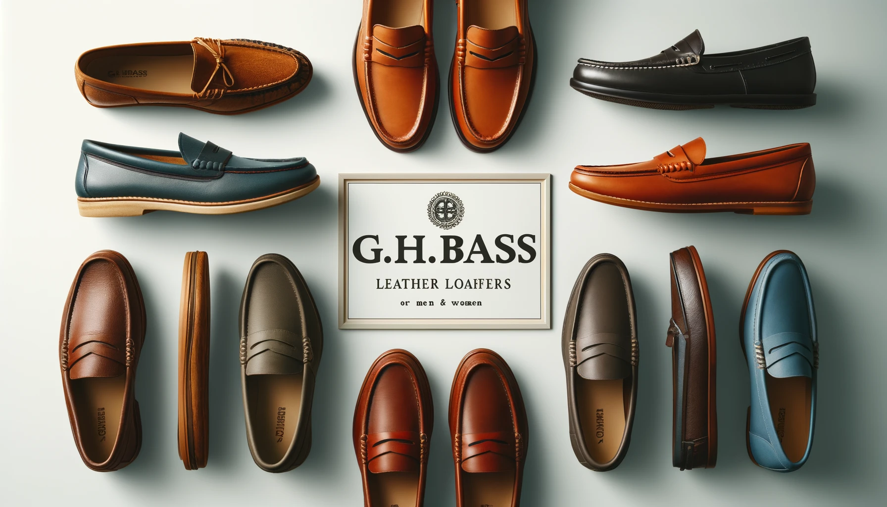 A stylish display of G.H.BASS leather loafers for both men and women. The image showcases pairs of loafers in different colors and styles, indicating both men's and women's lines. The background is clean and elegant, putting focus on the diversity and craftsmanship of the shoes. Include the text 'G.H.BASS' prominently in the image.