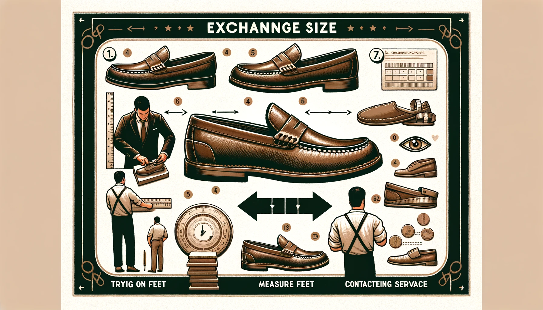 A detailed visual guide for exchanging the size of G.H.BASS leather loafers. The image should include steps or icons representing the exchange process, such as trying on shoes, measuring feet, and contacting customer service. The background should be clean and professional, emphasizing clarity and ease of understanding. Include the text 'G.H.BASS' prominently in the image.