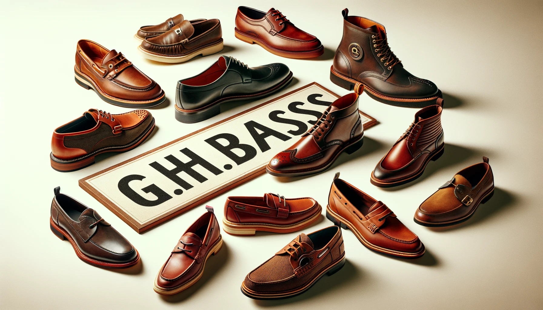 A collection of different G.H.BASS leather shoe models arranged in a stylish manner. The image showcases various designs, including loafers, oxfords, and boots, highlighting the diversity in styles. The background is minimalist, drawing attention to the quality and details of each shoe model. Include the text 'G.H.BASS' prominently in the image.