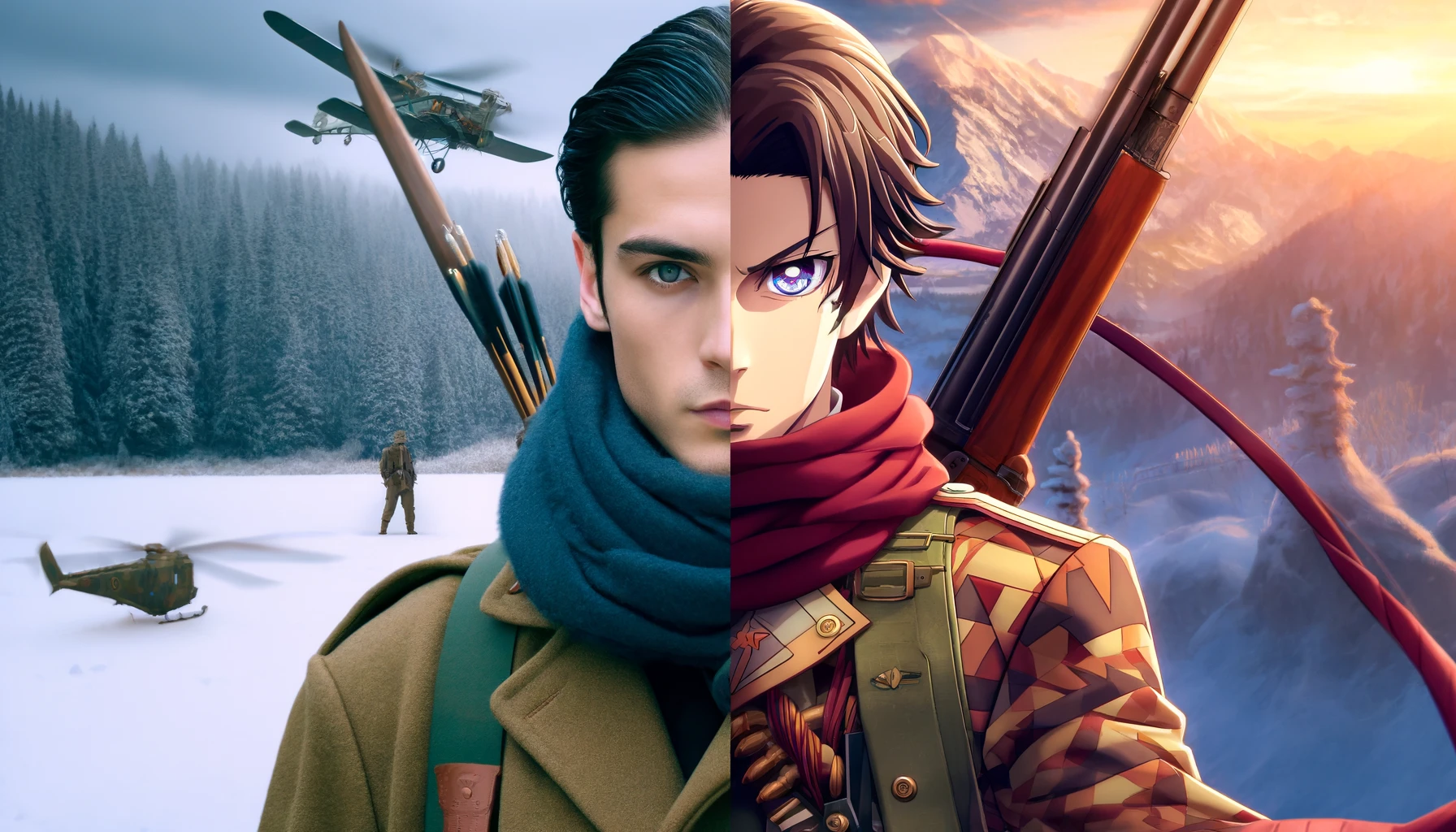 A split-image depicting two versions of a male anime character inspired by Hyakunosuke Ogata from 'Golden Kamuy'. On the left side, a realistic portrayal of the character, featuring a live-action style actor with subtle expressions and detailed attire. On the right side, an exaggerated anime version with vibrant colors, dramatic facial expressions, and stylish outfit. The background shows a snowy wilderness scene, emphasizing the character's sniper theme. The image should clearly contrast the different styles of live-action and anime.