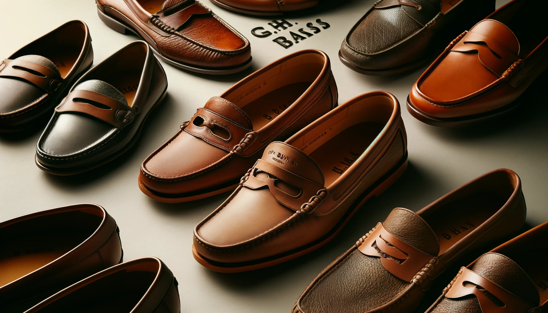 A showcase of iconic G.H.BASS leather loafer models. The image features the most representative styles, highlighting their unique designs and details. The loafers are displayed prominently with a clean and elegant background, emphasizing their heritage and craftsmanship. Include the text 'G.H.BASS' prominently in the image.