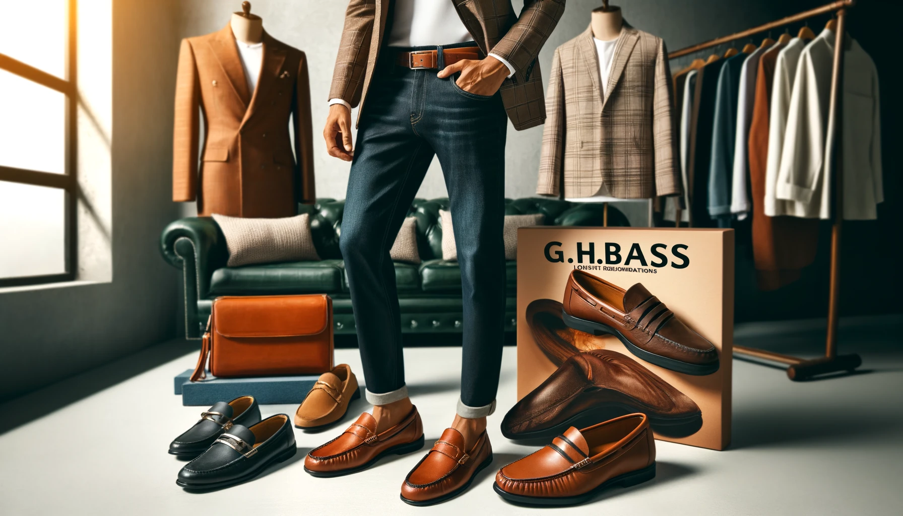 A fashionable display of outfit recommendations featuring G.H.BASS leather loafers. The image showcases different outfit ideas for both casual and formal occasions, pairing the loafers with various clothing items like jeans, suits, and dresses. The background is stylish and modern, highlighting the versatility of the loafers. Include the text 'G.H.BASS' prominently in the image.