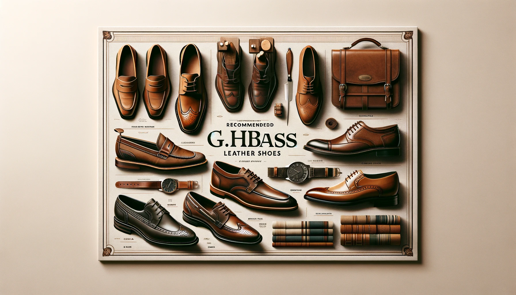 An attractive presentation of recommended G.H.BASS leather shoes. The image features a selection of the most popular and stylish shoes, including loafers, oxfords, and boots. The layout is sophisticated, emphasizing the high-quality craftsmanship and design. The background is simple yet elegant, ensuring the shoes stand out. Include the text 'G.H.BASS' prominently in the image.