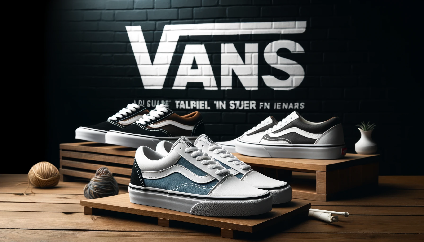 An image showcasing classic VANS sneakers on display with a stylish background, featuring the text 'VANS' prominently.