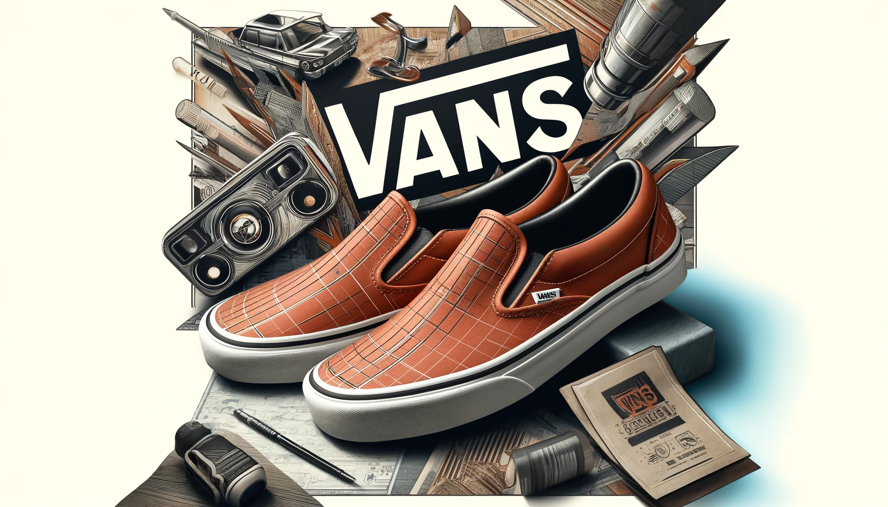 An image showcasing VANS slip-on shoes with a stylish background, featuring the text 'VANS' prominently.