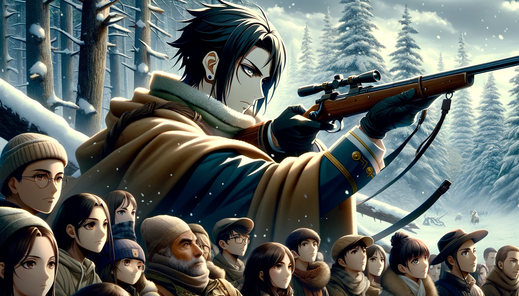 Anime-style image of a charismatic male character resembling Hyakunosuke Ogata from "Golden Kamuy", set in a dramatic wilderness scene. The character is depicted with an intense gaze, a sharpshooter's stance, and wearing a military uniform with a hood. He is surrounded by diverse fans, including young anime enthusiasts, older historical fiction fans, and adventure seekers, all captivated by his presence. The scene captures a blend of action and mystique, set in a snowy forest landscape.