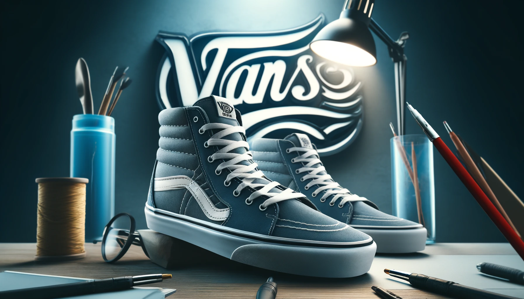 An image showcasing VANS high-top sneakers on display with a stylish background, featuring the text 'VANS' prominently.