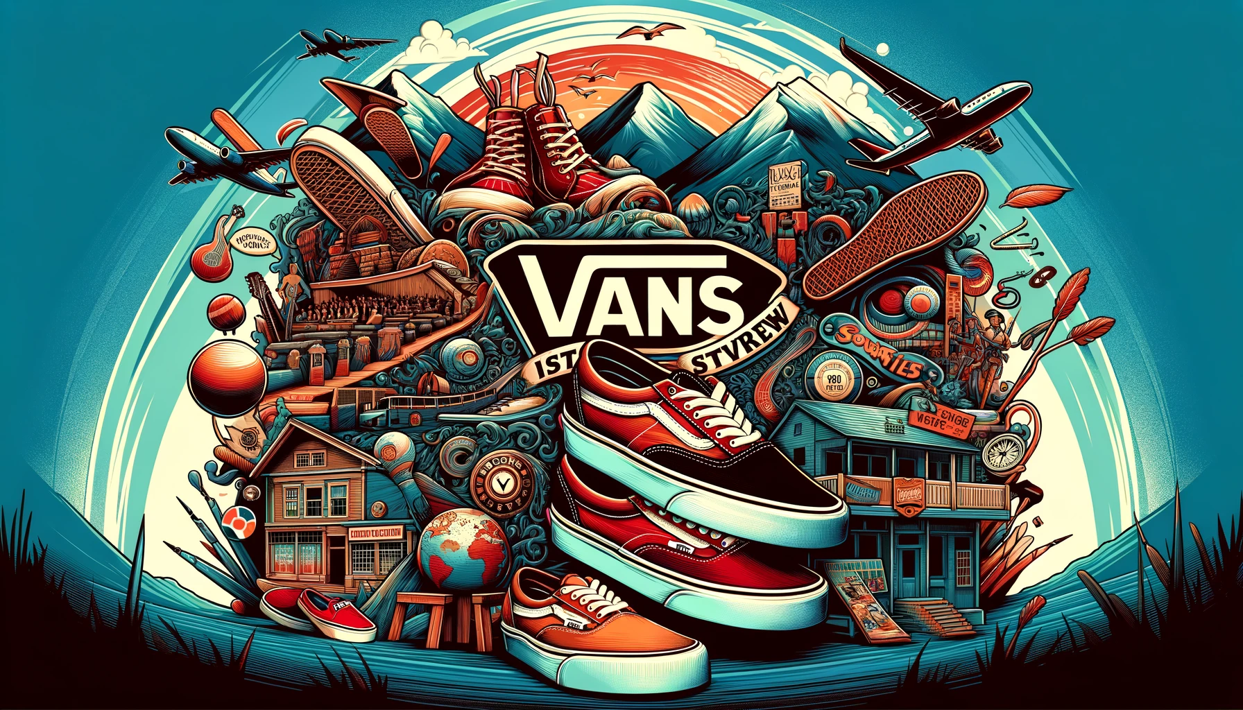 An image depicting the history and overview of VANS shoes, with a stylish background, featuring the text 'VANS' prominently.
