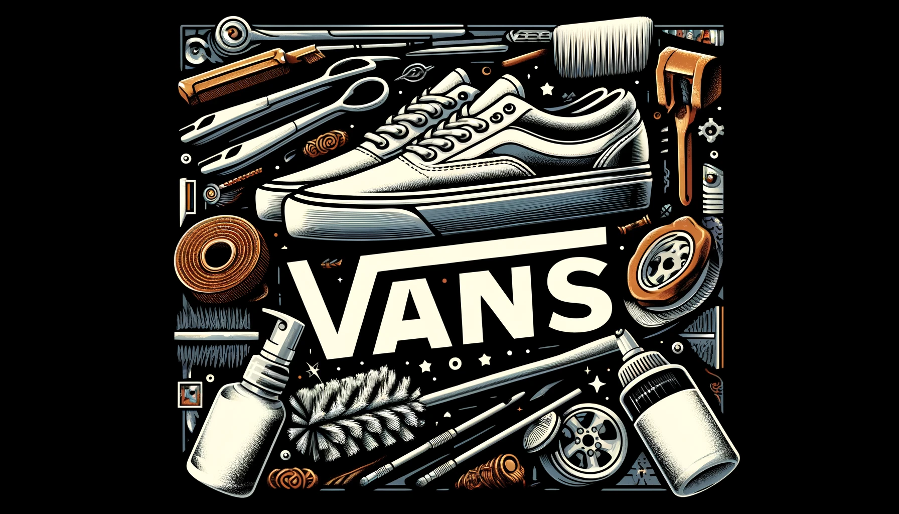 An image illustrating the maintenance of VANS shoes, with cleaning tools and a stylish background, featuring the text 'VANS' prominently.