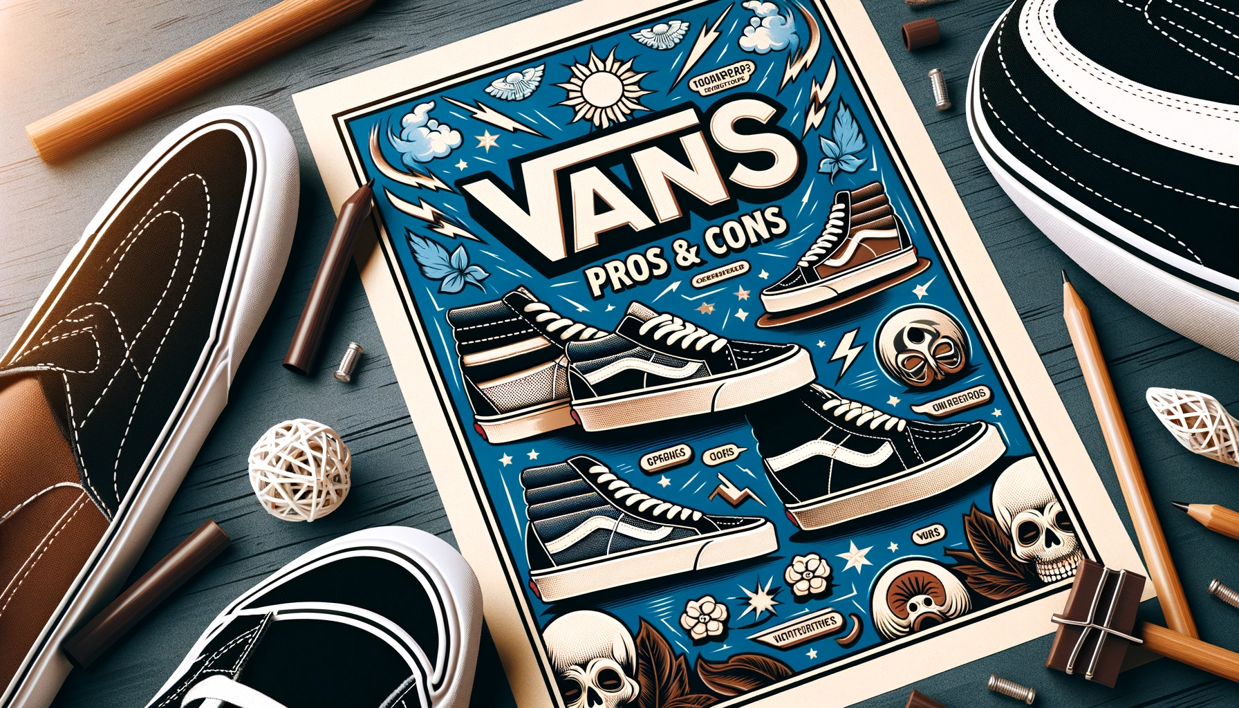 An image showing the pros and cons of VANS shoes, with a stylish background, featuring the text 'VANS' prominently.