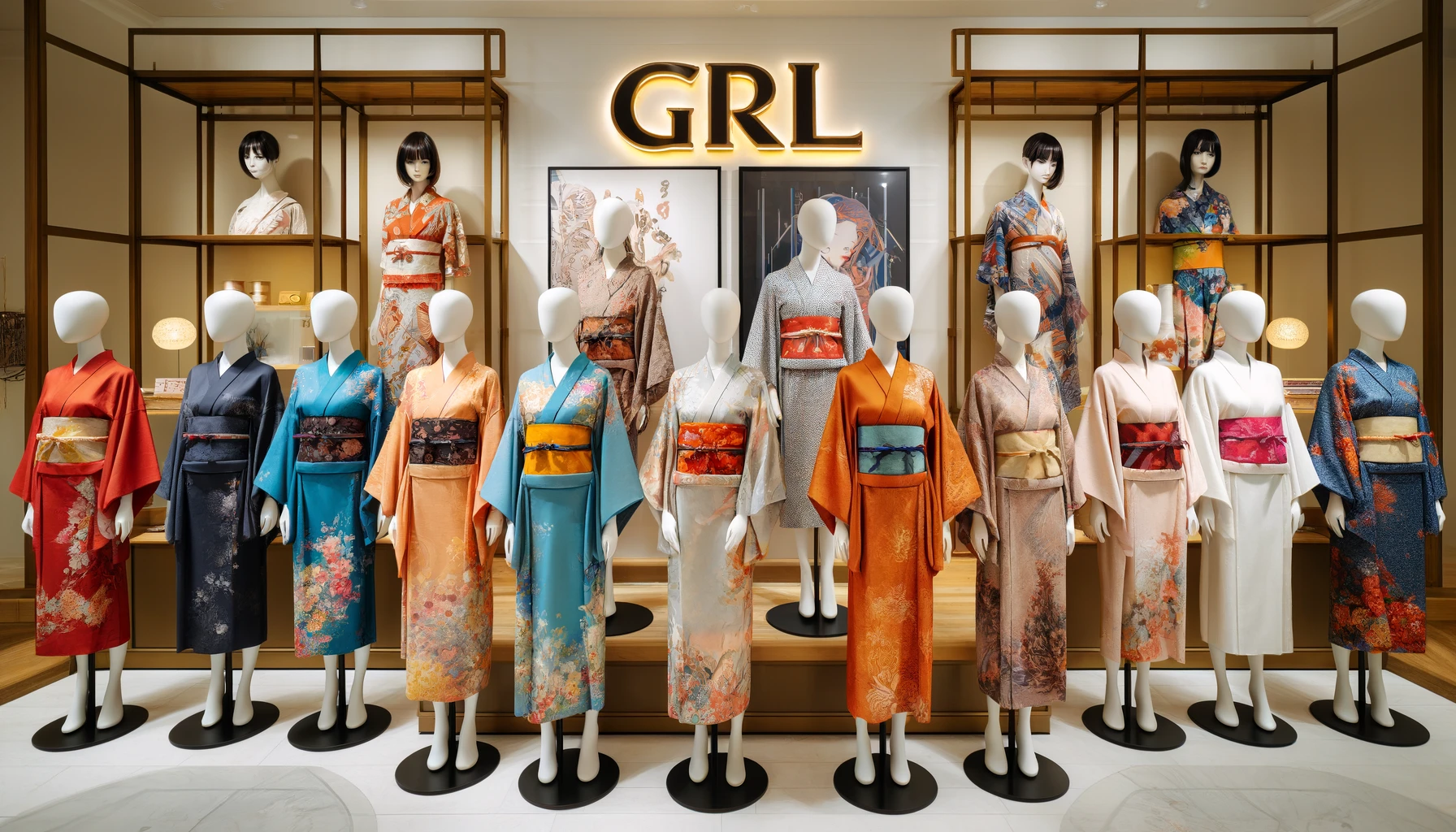 A stylish display of popular yukatas from GRL. The image features a variety of colorful and fashionable yukatas on mannequins and models, showcasing the intricate designs and patterns. The background includes a chic boutique setting with a sign that says 'GRL'.