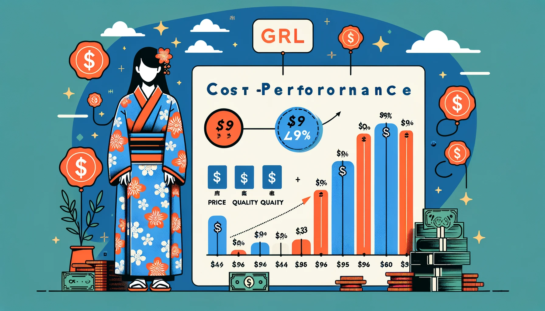 An illustration of the cost-performance aspect of GRL yukatas. The image includes a comparison chart or infographic showing the price and quality ratings of different yukata options from GRL. The background features elements representing value, such as money symbols and happy customers, with 'GRL' prominently displayed.
