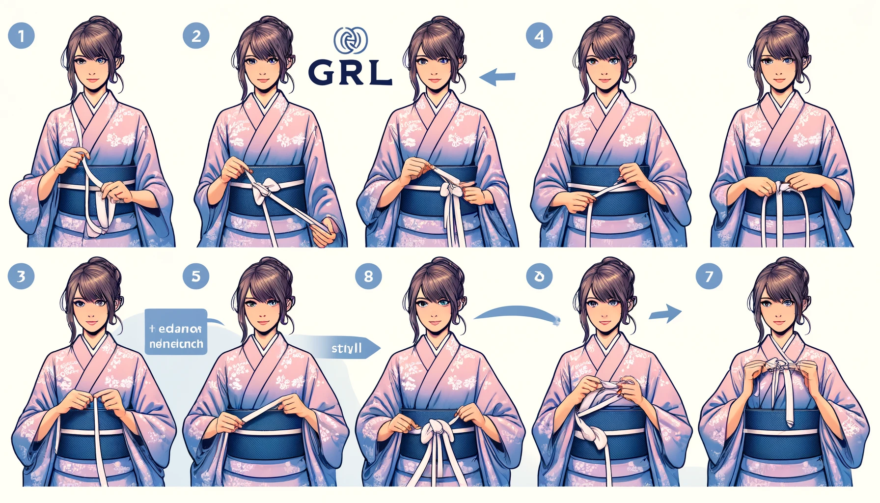 A step-by-step guide showing how to tie an obi for a GRL yukata. The image features clear illustrations of each step involved in tying the obi, with a focus on the traditional and stylish knots. The background includes a model wearing a GRL yukata, and the text 'GRL' is included prominently in the guide.