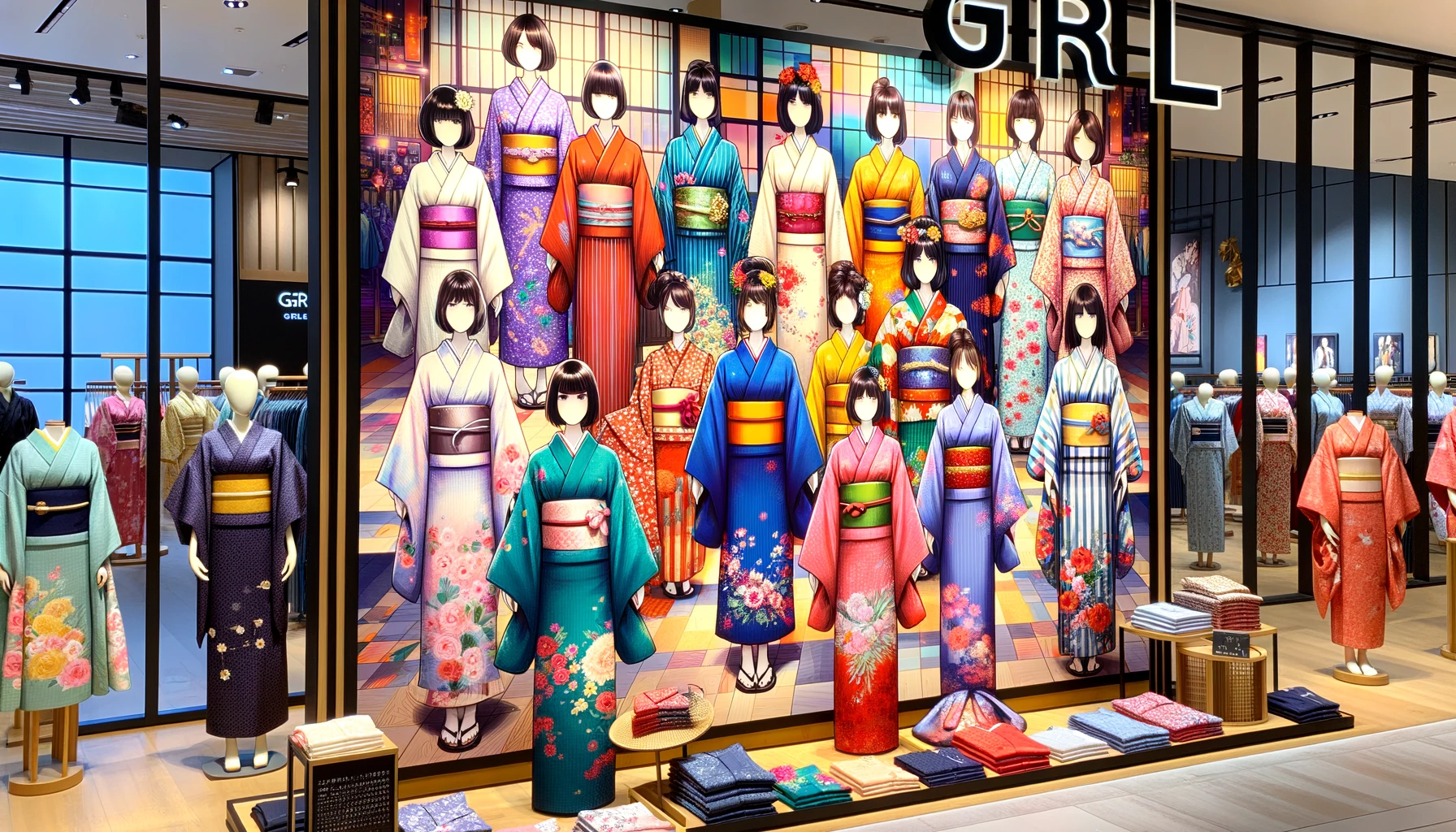 A vibrant display showcasing the variety of yukatas offered by GRL. The image includes an array of different styles, colors, and patterns of yukatas, all beautifully arranged. The background features a stylish shop setting with mannequins and models, and the text 'GRL' is prominently displayed.