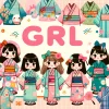 An image showcasing the cute designs of GRL yukatas. The image features various adorable and stylish yukata designs with bright colors and playful patterns. The background includes models wearing these yukatas in a charming setting, with 'GRL' prominently displayed.