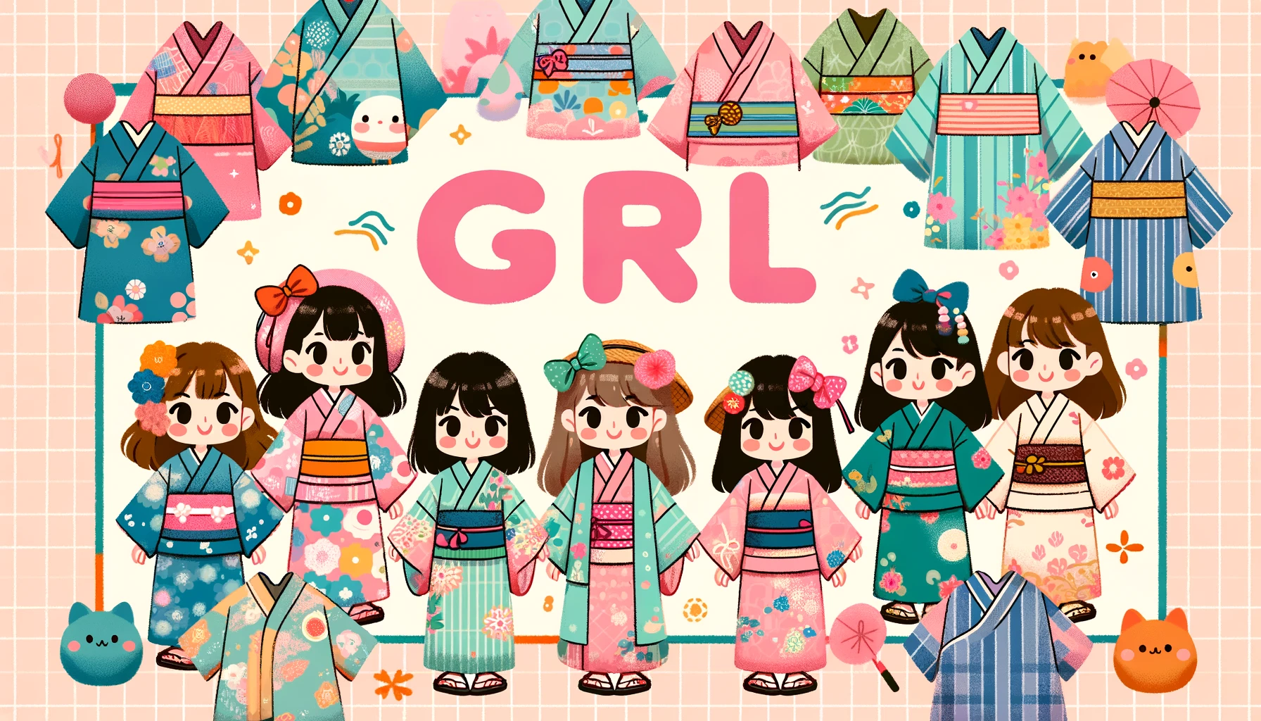 An image showcasing the cute designs of GRL yukatas. The image features various adorable and stylish yukata designs with bright colors and playful patterns. The background includes models wearing these yukatas in a charming setting, with 'GRL' prominently displayed.