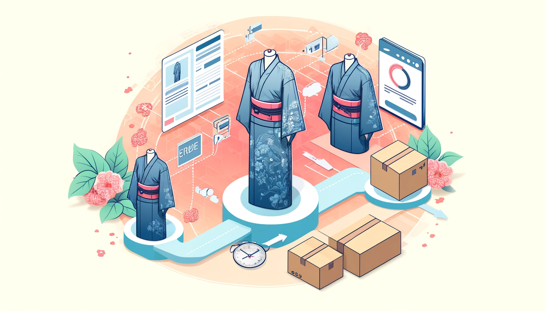 An illustration showing the process from order to delivery for GRL yukatas. The image includes a timeline or sequence of steps, from placing an order online to receiving the yukata at home. The background features a mix of digital and real-world elements, with 'GRL' prominently displayed.