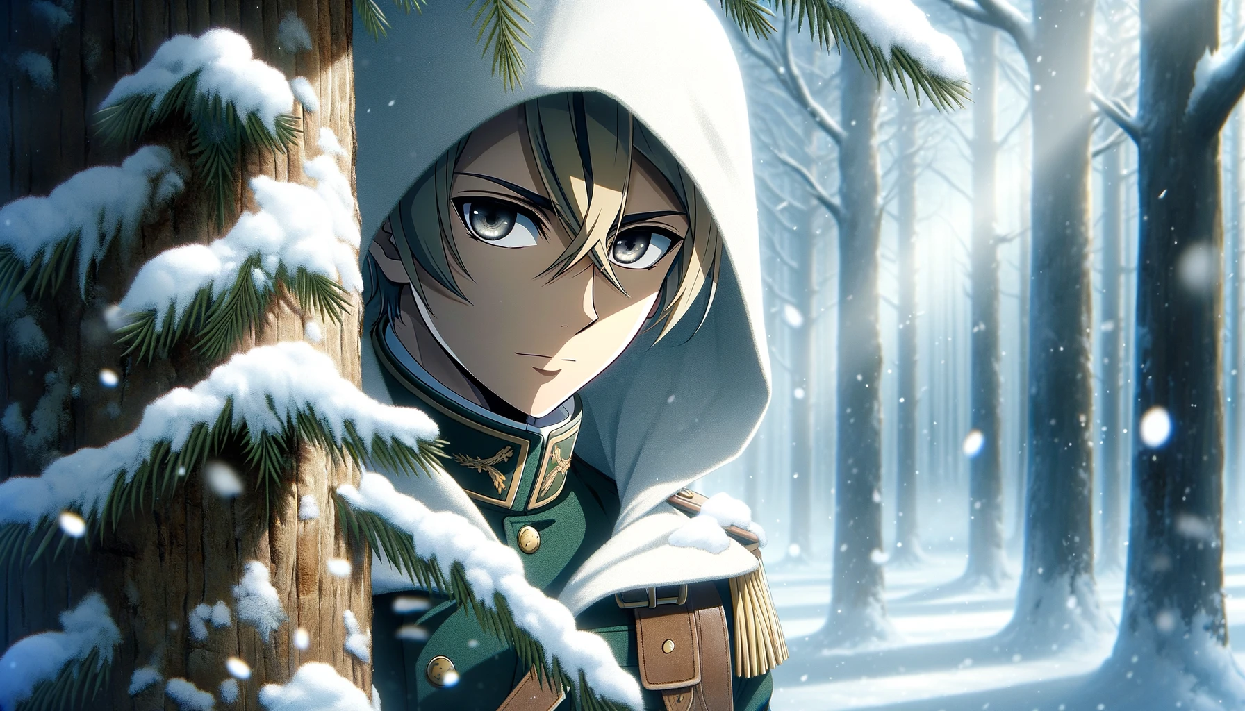 Anime-style image of a male character inspired by 'Golden Kamuy', presumed dead but shown alive in a dramatic reveal. He is peeking from behind a snow-covered tree in a wintry forest, wearing a military uniform with a white hood. His expression is mysterious and calculating, suggesting he has survived against all odds. The atmosphere is tense and suspenseful, with light snow falling around him.