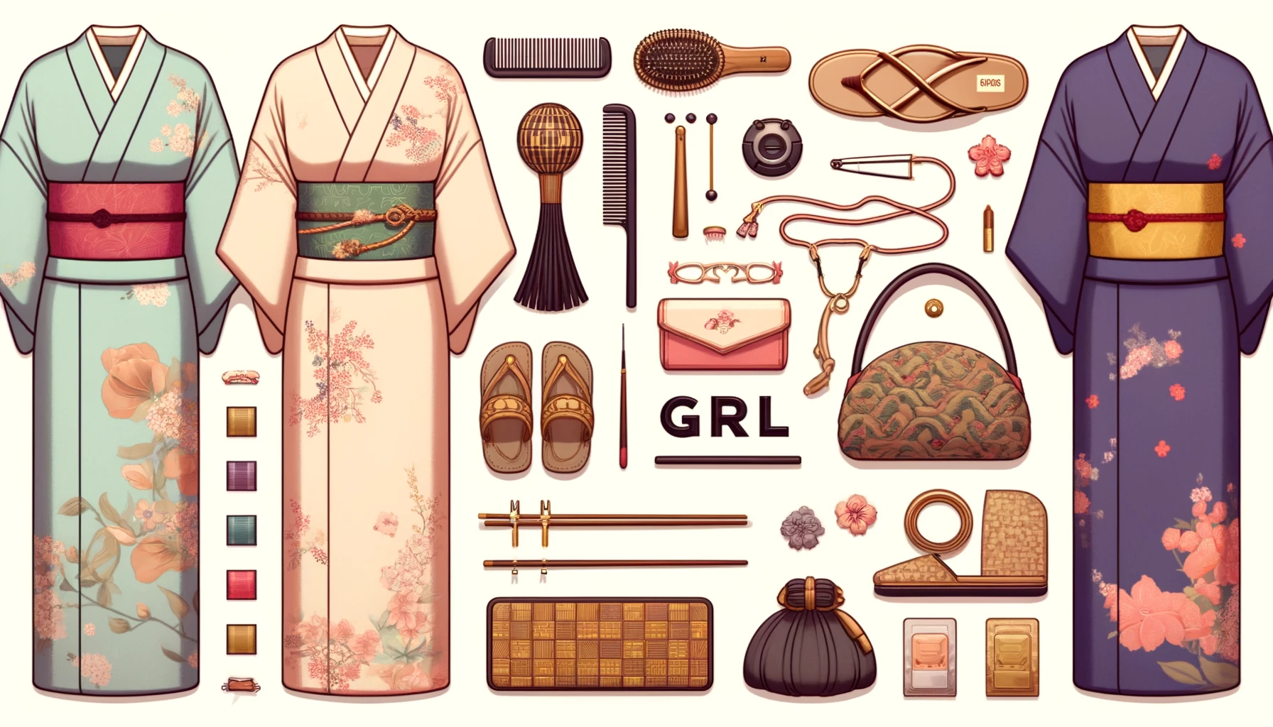 An image showcasing accessories and small items that complement GRL yukatas. The image includes items like hairpins, bags, sandals, and other traditional accessories arranged aesthetically. The background features these items alongside GRL yukatas, with 'GRL' prominently displayed.