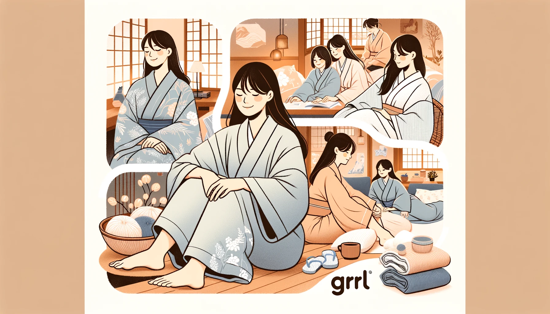 An image illustrating the comfort of wearing GRL yukatas. The image features models relaxing and enjoying themselves while wearing GRL yukatas, highlighting the soft and comfortable fabric. The background includes cozy and serene settings, with 'GRL' prominently displayed.