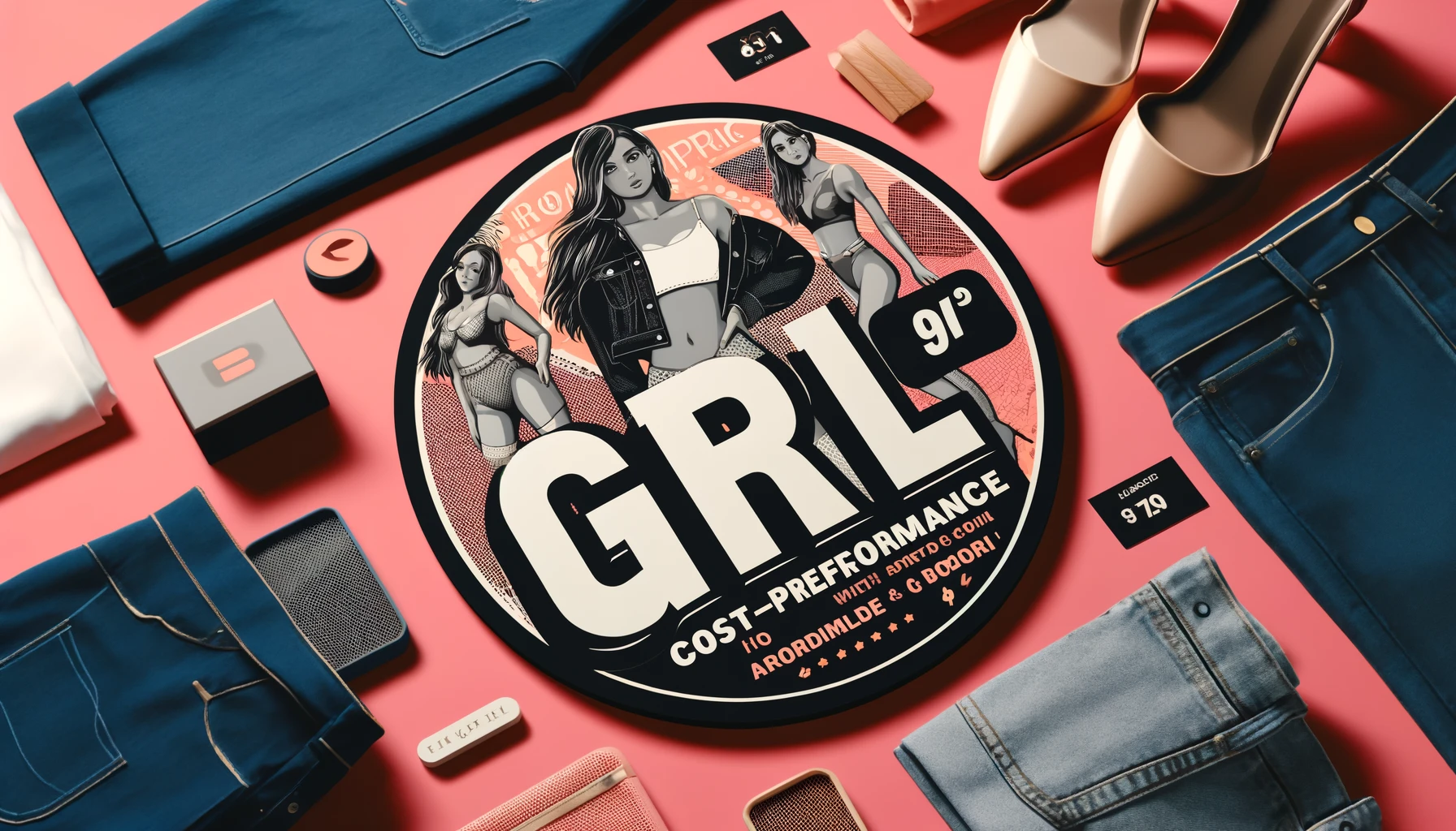 A stylish layout for a fashion brand named 'GRL' with a focus on cost-performance (コスパ). The image features trendy and affordable clothing items displayed attractively. Incorporate the word 'GRL' prominently in the design. The background should be vibrant and fashionable, reflecting the brand's appeal to young women. The image should be in a 16:9 aspect ratio.