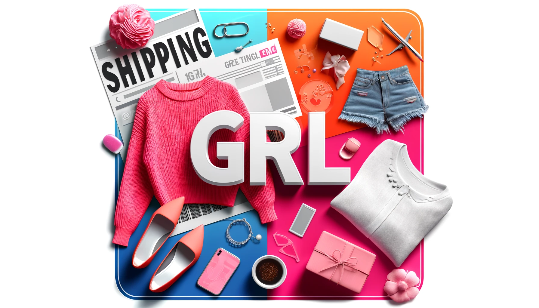 A stylish layout for a fashion brand named 'GRL' with a focus on shipping. The image features trendy and affordable clothing items displayed attractively. Incorporate the word 'GRL' prominently in the design. The background should be vibrant and fashionable, reflecting the brand's appeal to young women. The image should be in a 16:9 aspect ratio.
