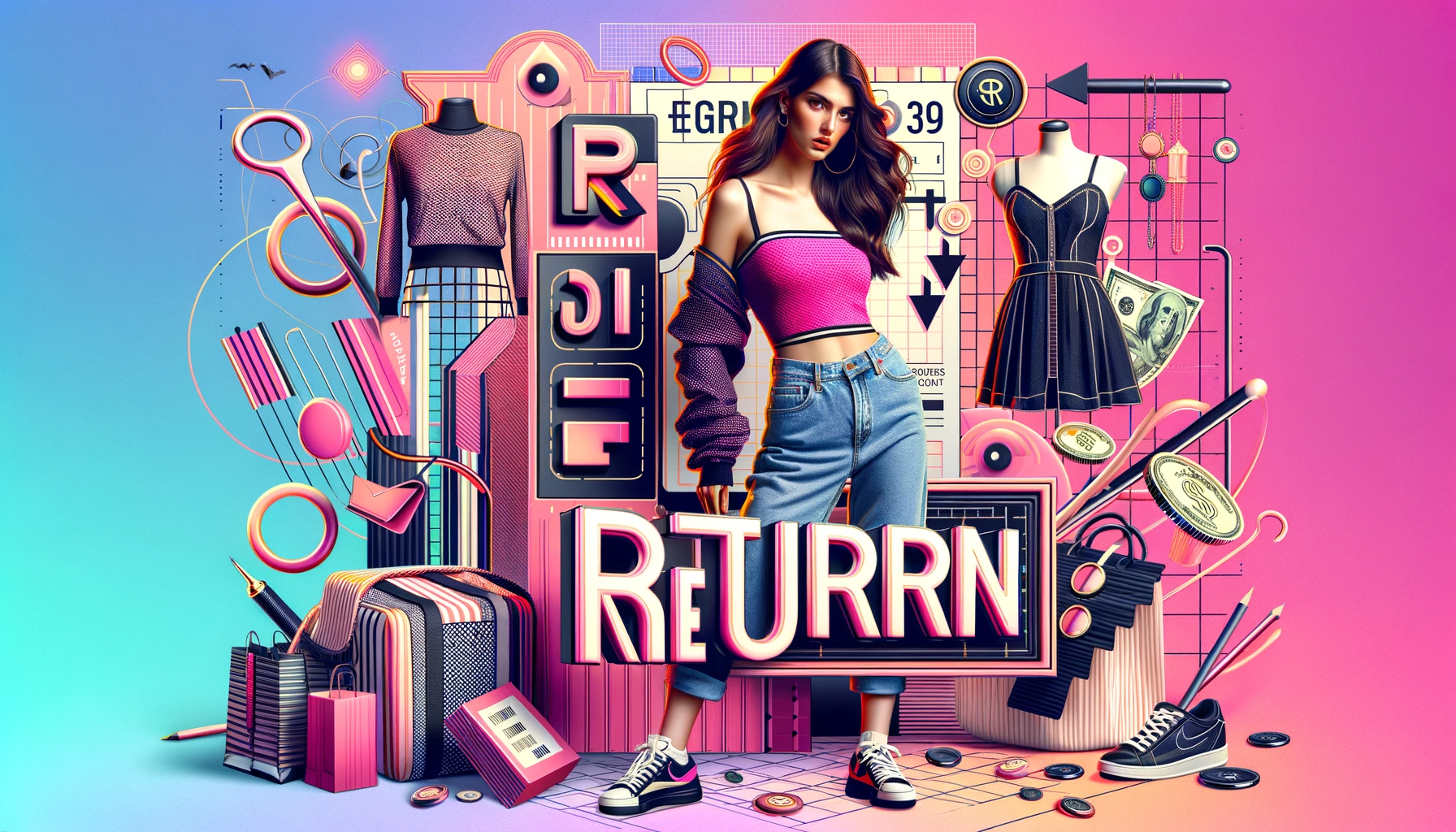 A stylish layout for a women's budget fashion brand named 'GRL' with a focus on returns. The image features trendy and affordable clothing items displayed attractively, with visual elements representing the return process. Incorporate the word 'GRL' prominently in the design. The background should be vibrant and fashionable, reflecting the brand's appeal to young women. The image should be in a 16:9 aspect ratio.