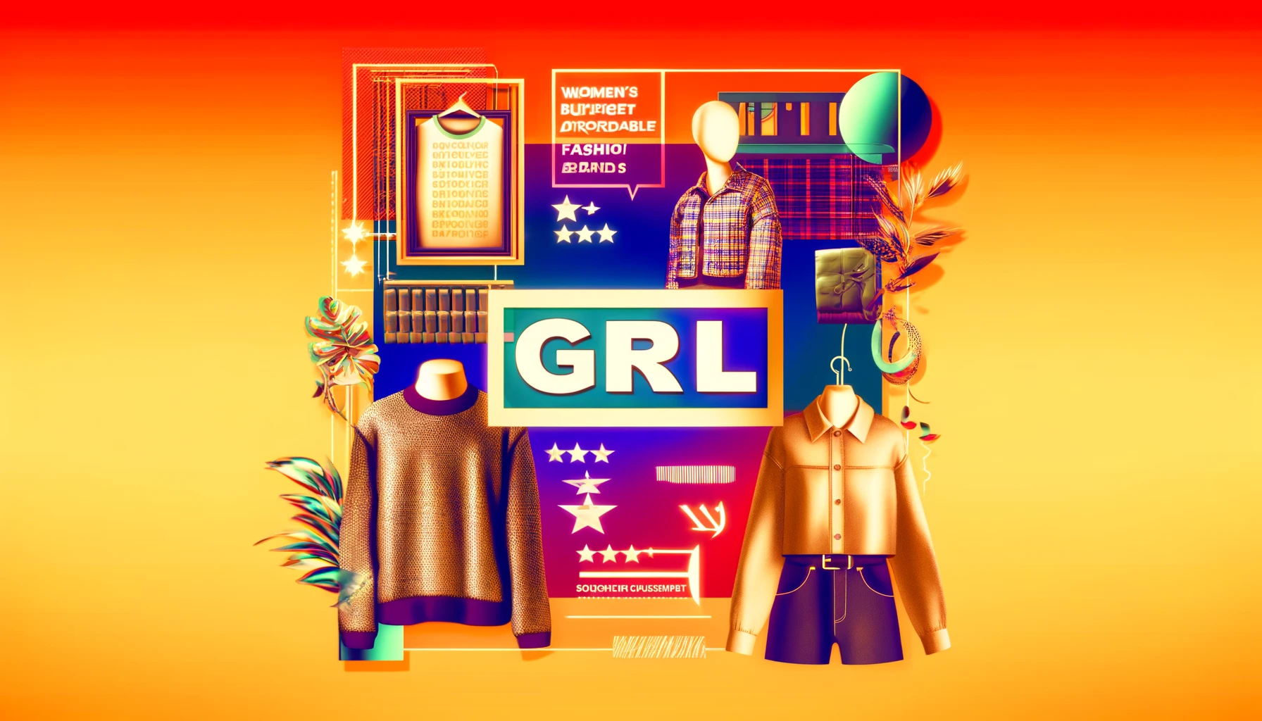 A stylish layout for a women's budget fashion brand named 'GRL' with a focus on reviews. The image features trendy and affordable clothing items displayed attractively, with visual elements representing customer reviews and feedback. Incorporate the word 'GRL' prominently in the design. The background should be vibrant and fashionable, reflecting the brand's appeal to young women. The image should be in a 16:9 aspect ratio.