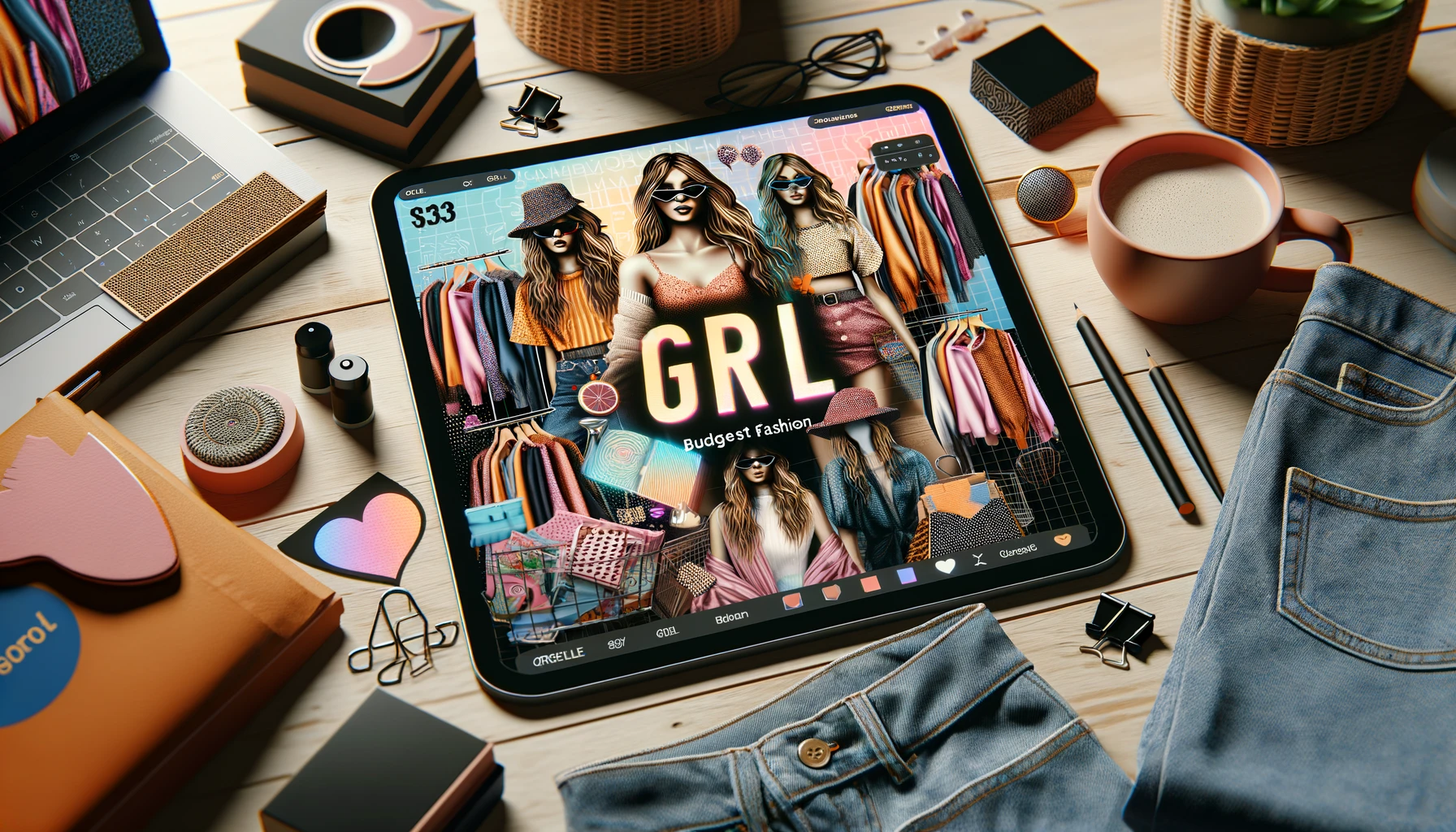 A stylish layout for a women's budget fashion brand named 'GRL' with a focus on virtual stores. The image features trendy and affordable clothing items displayed attractively, with visual elements representing a virtual shopping experience. Incorporate the word 'GRL' prominently in the design. The background should be vibrant and fashionable, reflecting the brand's appeal to young women. The image should be in a 16:9 aspect ratio.