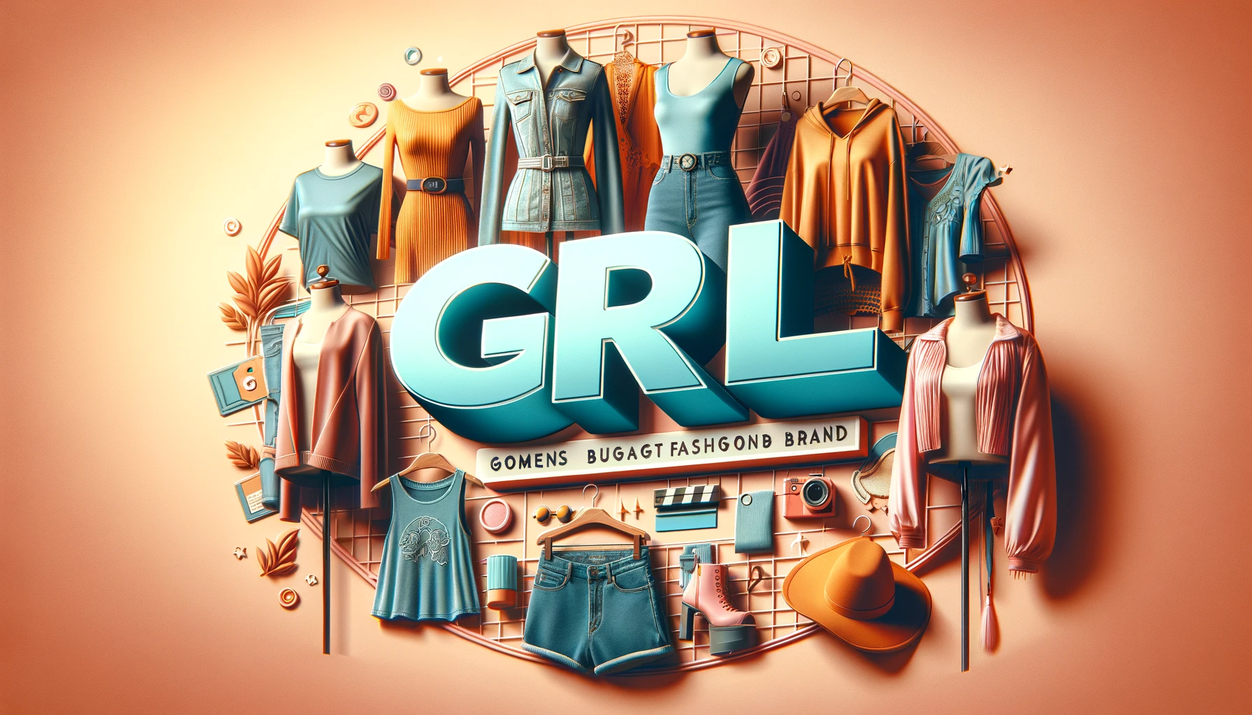 A stylish layout for a women's budget fashion brand named 'GRL' with a focus on product quality. The image features trendy and affordable clothing items displayed attractively, with visual elements representing high-quality materials and craftsmanship. Incorporate the word 'GRL' prominently in the design. The background should be vibrant and fashionable, reflecting the brand's appeal to young women. The image should be in a 16:9 aspect ratio.