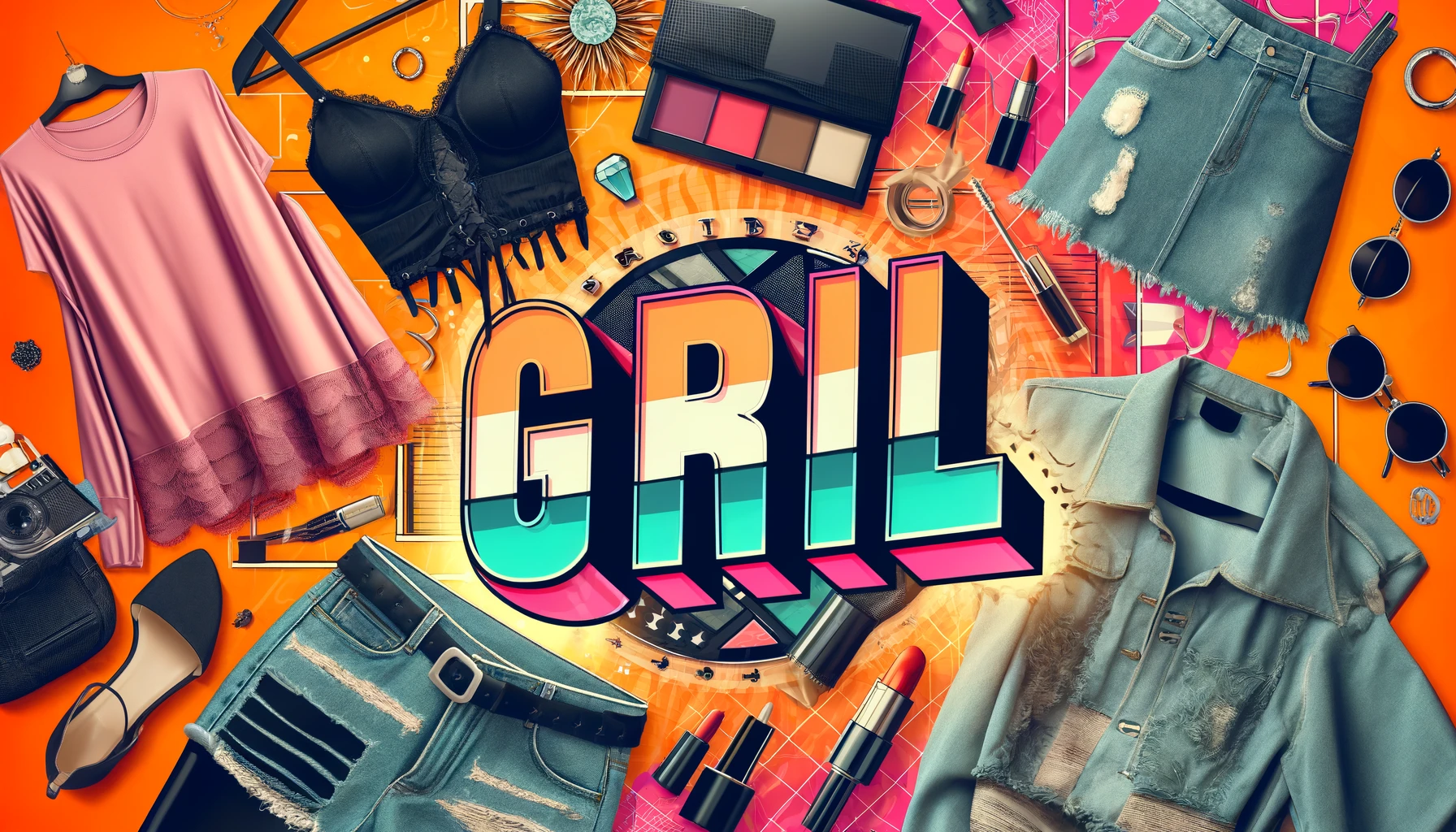 A stylish layout for a fashion brand named 'GRL' with a focus on popularity. The image features trendy and affordable clothing items displayed attractively. Incorporate the word 'GRL' prominently in the design. The background should be vibrant and fashionable, reflecting the brand's appeal to young women. The image should be in a 16:9 aspect ratio.