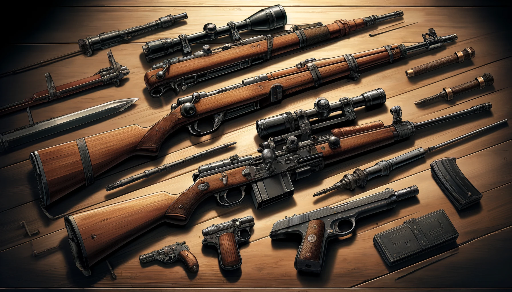 A collection of detailed anime-style firearms used by a male character in a historical setting, displayed against a rustic wooden background. The collection includes a bolt-action rifle, a sniper rifle with a scope, and a compact pistol. The guns are laid out in an organized manner, showcasing their distinctive features and mechanical details. The scene conveys a sense of rugged practicality and historical accuracy, suitable for a character skilled in weaponry from an early 20th century context. The image is in a 16:9 aspect ratio.