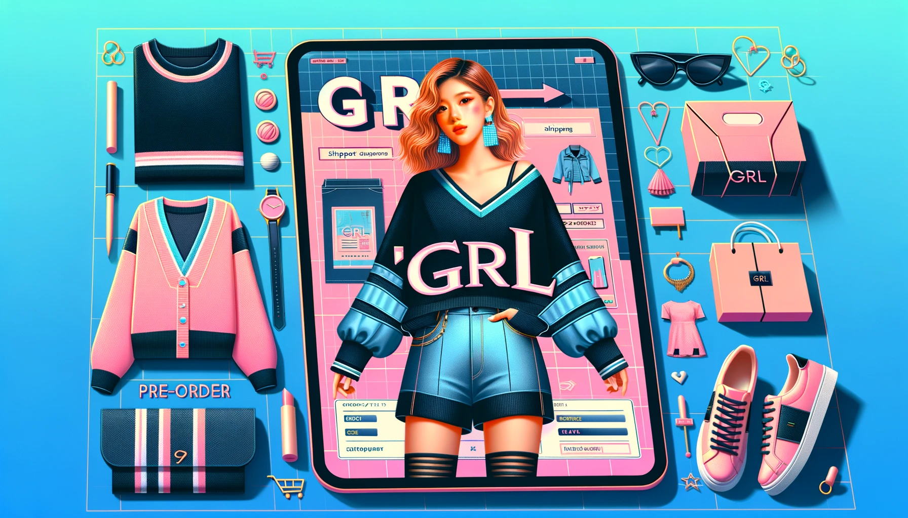 A stylish layout for a Japanese women's budget fashion brand named 'GRL' with a focus on shipping for pre-order items. The image features trendy and affordable clothing items displayed attractively, with visual elements representing pre-order shipping. Incorporate the word 'GRL' prominently in the design. The background should be vibrant and fashionable, reflecting the brand's appeal to young women. The image should be in a 16:9 aspect ratio.